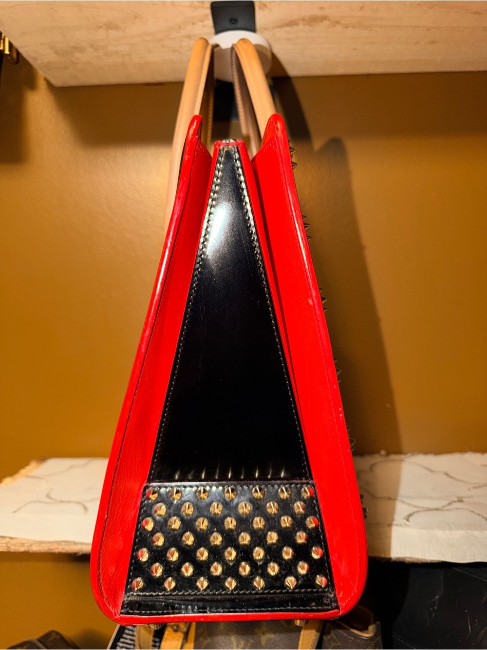 Christian Louboutin Paloma Medium Black Tote with Tan Handles and Gold Accents - Picture 3 of 16